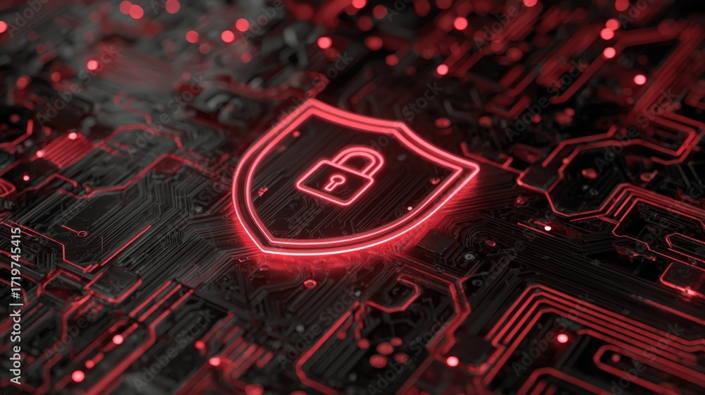 Poster cybersecurity shield icon with red glow on circuit board background for digital protection themes