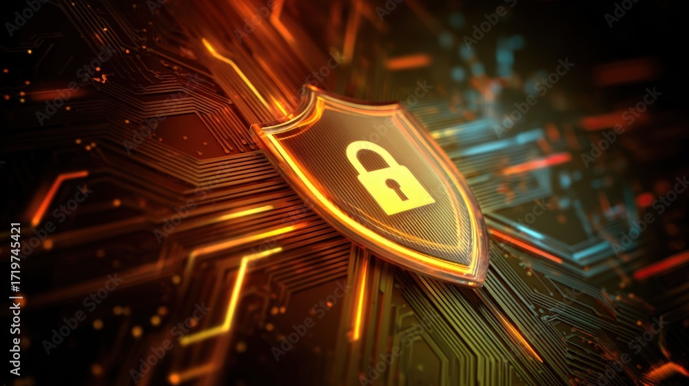 Poster digital shield icon with lock sign symbolizing cybersecurity in tech background