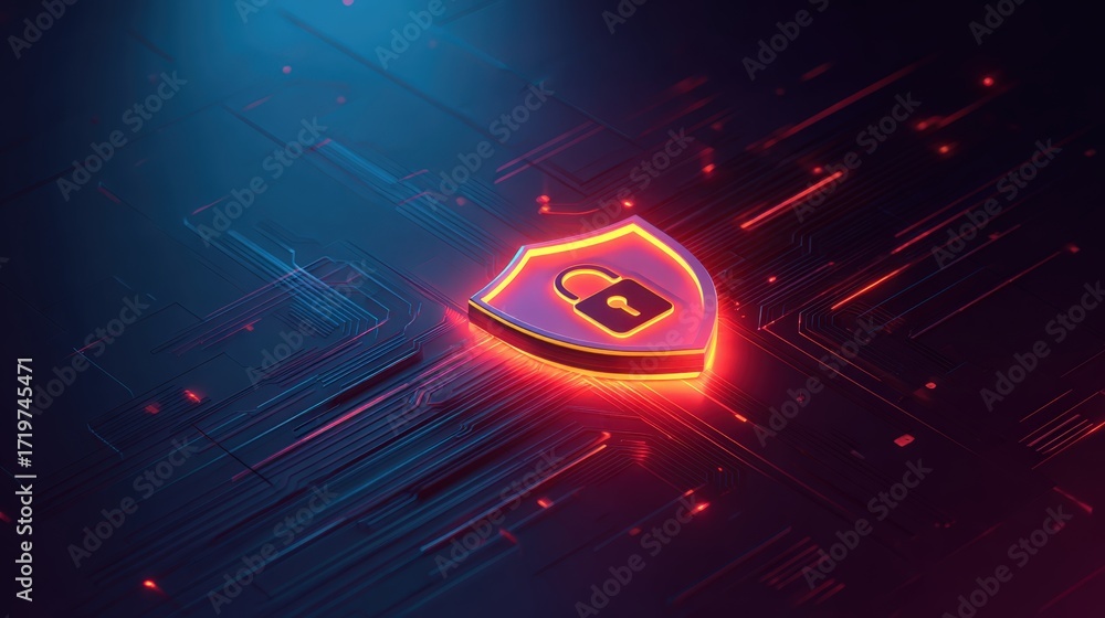 Poster digital security shield with lock icon in futuristic background for cyber protection concept