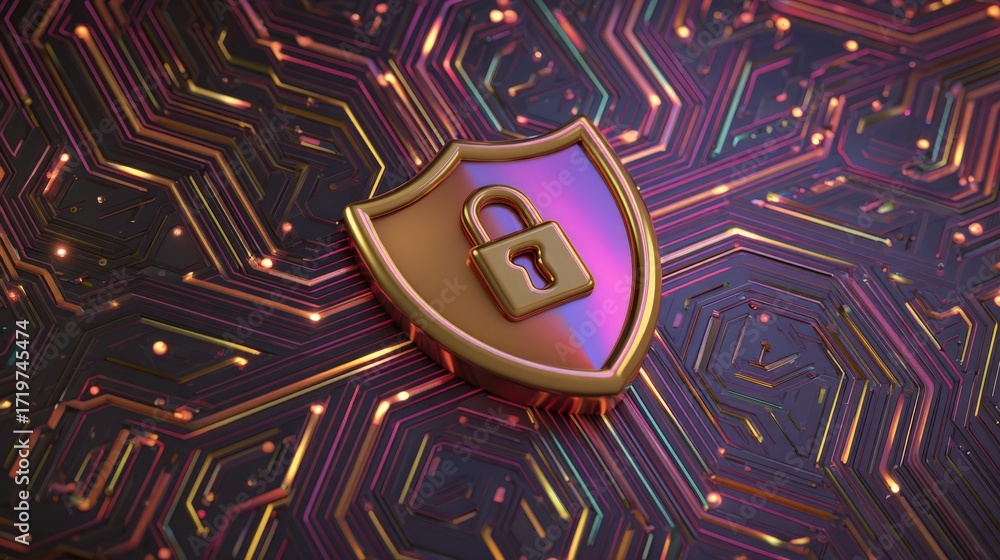 Poster abstract security shield with lock on futuristic circuit background design for digital protection