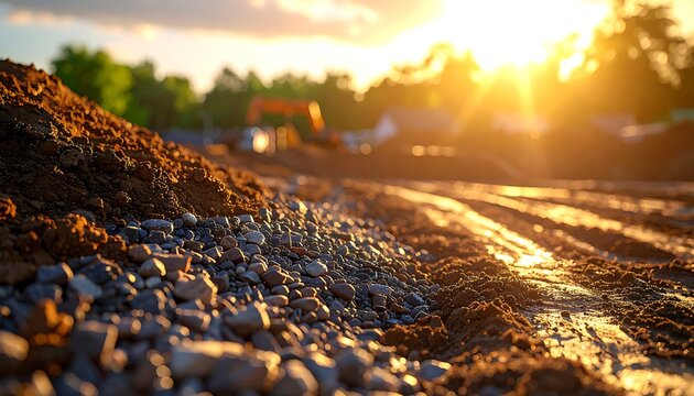 Close-up of gravel, dirt, and tracks from machinery at a construction site, bathed in warm sunlight. A blurred excavator works in the distance