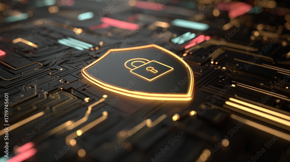 Poster digital security shield with lock on a futuristic circuit board background