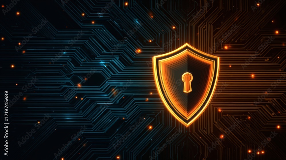 Poster futuristic security shield with keyhole and digital circuit background for technology concepts