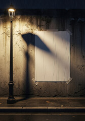 Oldfashioned Streetlamp Illuminating Blank Poster on Weathered Wall.