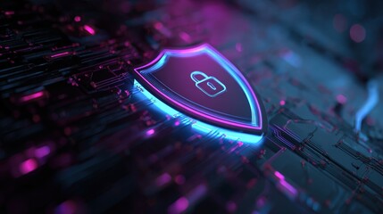 Abstract Security Background with Digital Lock Shield and Neon Blue Purple Glow Effects