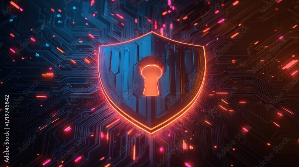 Poster digital shield representing security concept with keyhole and futuristic background