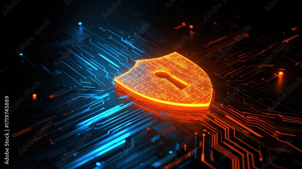 Poster digital security shield with lock symbol and circuitry background for cybersecurity concept