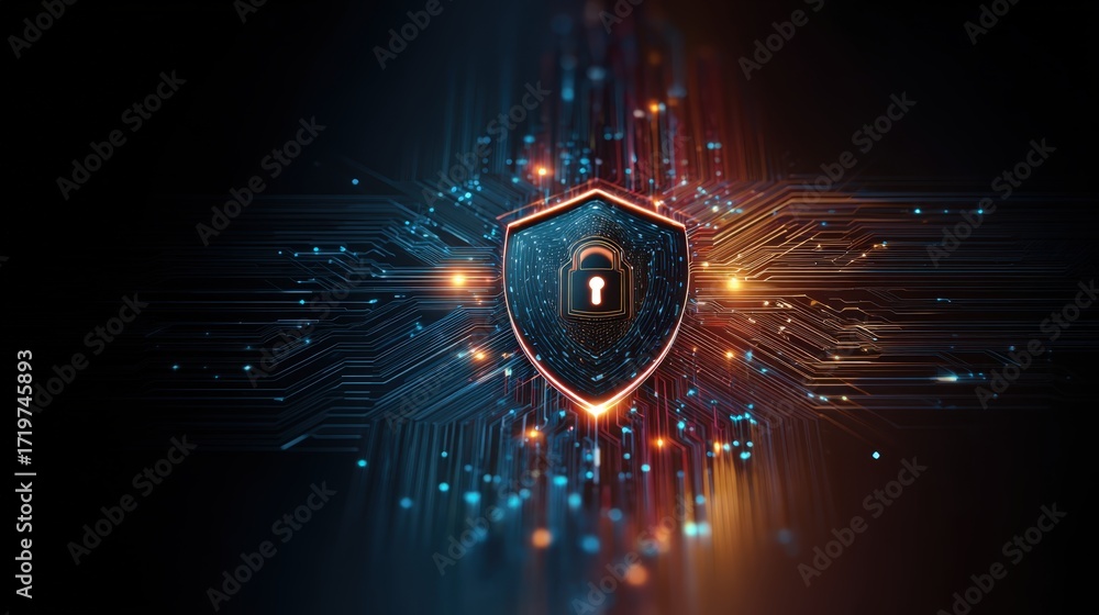 Poster digital shield symbolizing cybersecurity with glowing background and high-tech elements