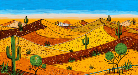 Vibrant desert landscape with rolling sand dunes, cacti, and a setting sun, rendered in a unique artistic style