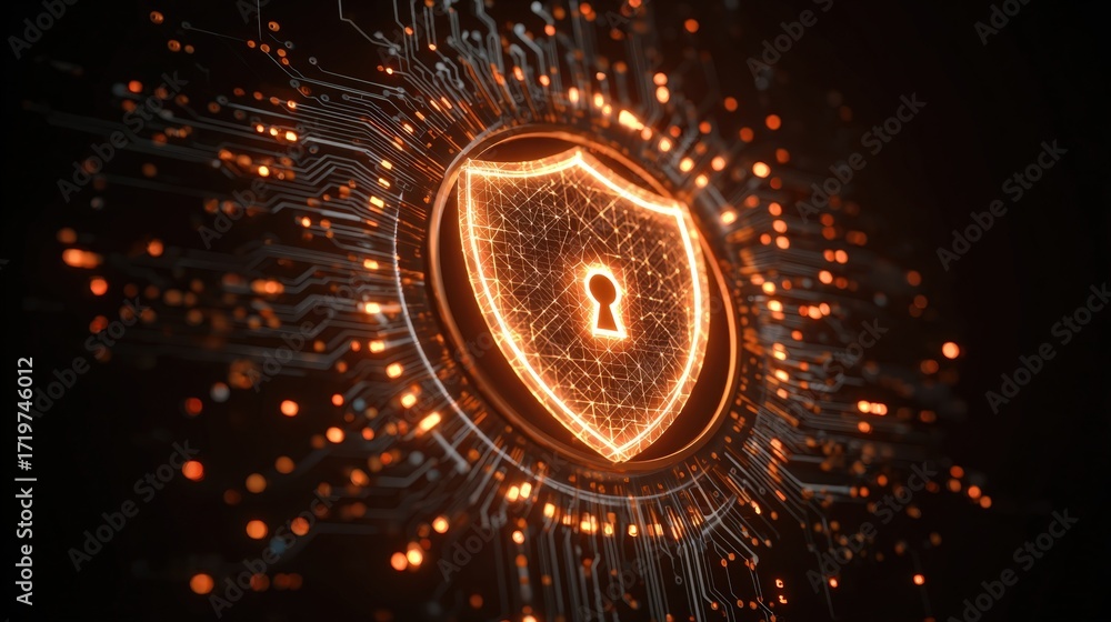 Fototapete dynamic digital shield icon with circuit background and security concept in dark environment