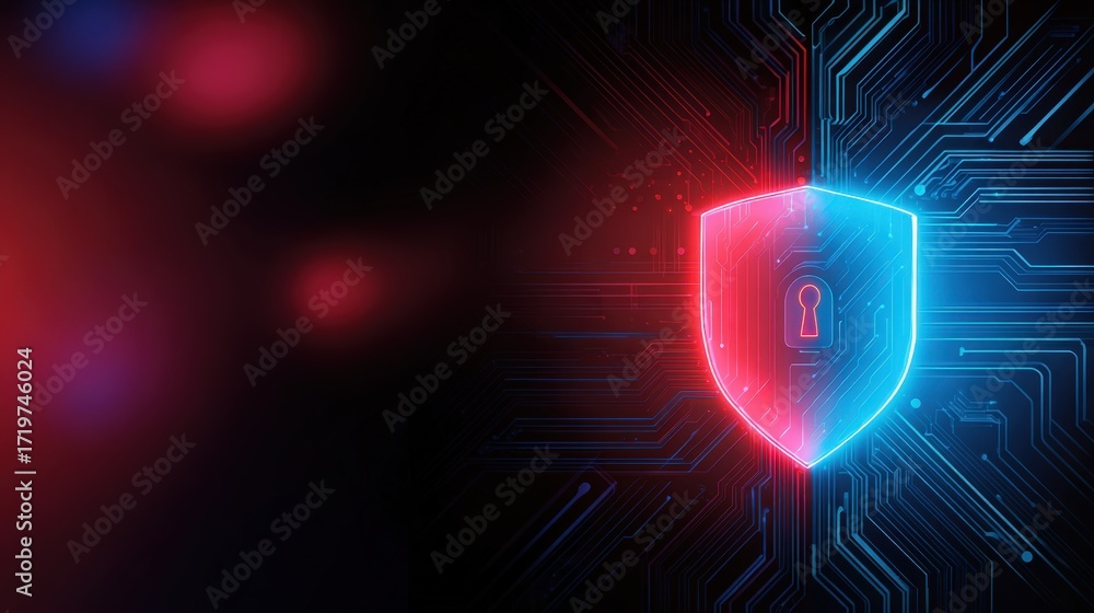 Poster digital shield with lock symbol on technology circuit background for security concepts