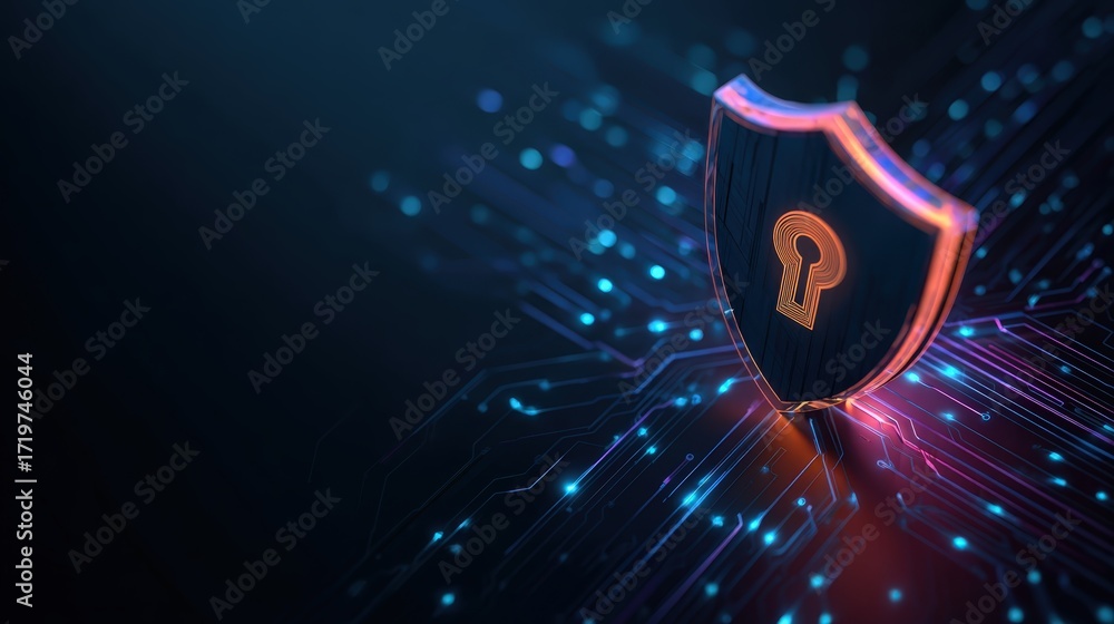 Poster digital shield graphic with keyhole symbol representing cybersecurity protection concepts