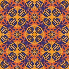 seamless pattern with flowers,purple, orange curves,painted create to flower shape,leaves with background in geometric patterns as sarong,fabric,tile,printed fabric,batik,tablecloth patterns.