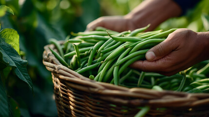 Hands of a farmer gently holding freshly harvested green beans in a woven basket, surrounded by lush green plants, showcasing the essence of sustainable agriculture and organic farming practices