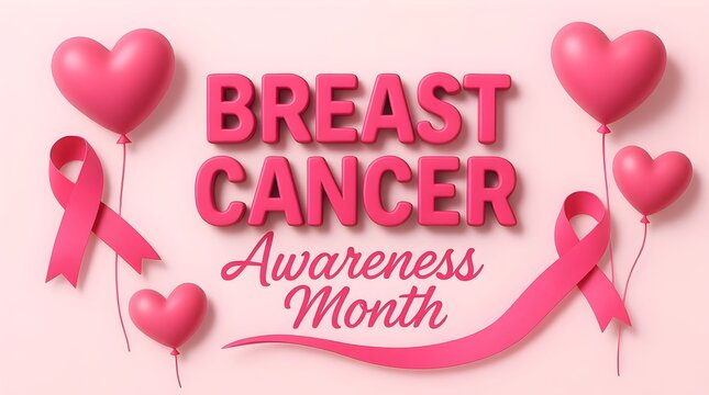 Breast cancer awareness month banner with heartshaped balloons and pink ribbons on a soft pink backdrop, promoting support and early detection for womens health