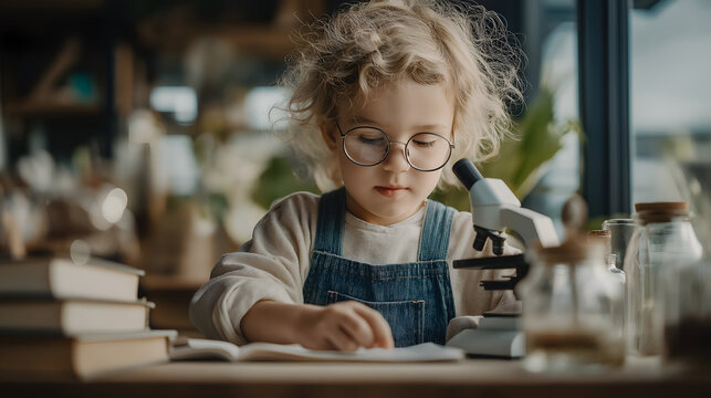 Young girl with curly hair and glasses is exploring science with a microscope on a wooden table surrounded by books and laboratory equipment, showcasing curiosity and learning