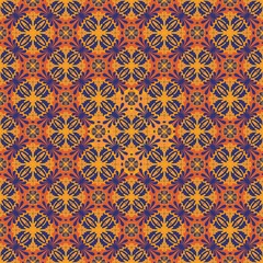 seamless wallpaper pattern,purple, orange curves,painted create to flower shape,leaves with background in geometric patterns as sarong,fabric,tile,printed fabric,batik,tablecloth patterns.