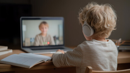 Young child with curly hair wearing headphones is engaged in a video call on a laptop, sitting at a wooden desk with an open notebook, showcasing remote learning experience