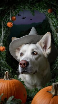Curious dog in witch hat explores spooky halloween pumpkin patch at twilight