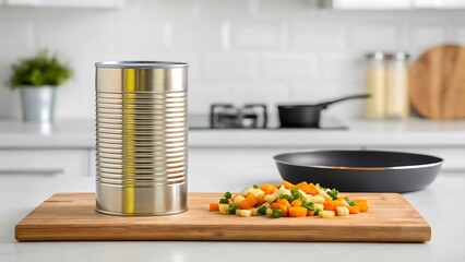 Silver tin can chopped vegetables wooden board cooking oil