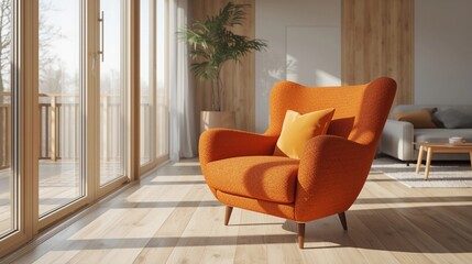 Photorealistic 3D AI illustration showing a minimalist living room with a modern orange mid century armchair, beige sofa, natural sunlight, and warm elegant interior decoration.