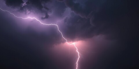 Dramatic single lightning bolt striking across a dark stormy sky, intense contrast,   force,  ominous