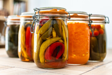 Jars of food, fruit and vegetables, sterilized or fermented