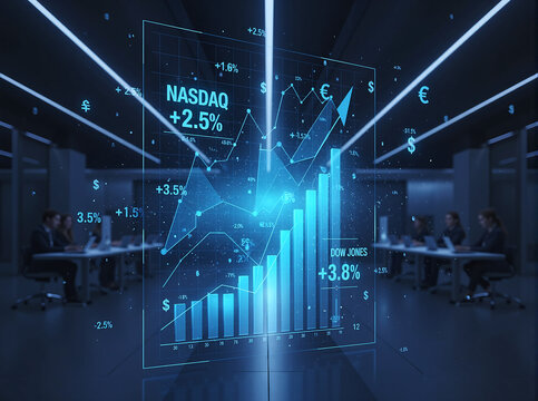 Glowing blue financial graphs and data visualization, futuristic holographic display, stock market numbers floating in space