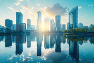 Fototapeta premium city skyline reflected in water