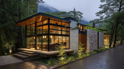 Fototapeta premium Modern single story house nestled in forested environment featuring large glass panels flat roof slender pillars stone w