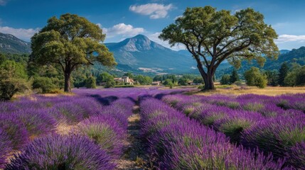 Expansive lavender field under clear blue sky with vibrant purple hues contrasting lush greenery and tall trees in foreg