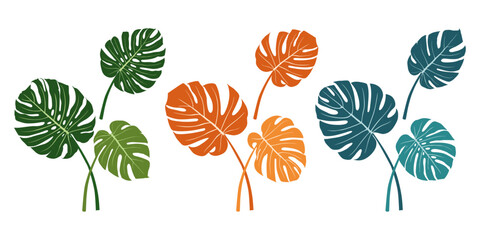 Tropical palm leaves monstera. Simple hand drawn flat vector. Composition of colored leaves. Flying monstera leaves.
