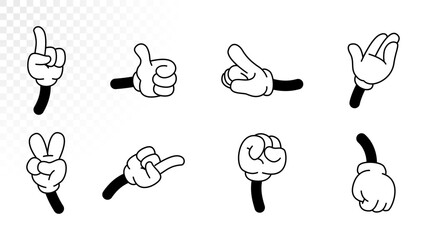 Retro cartoon hands set in vintage animation style. Collection of expressive glove hands showing different gestures — thumbs up, peace sign, pointing, fist, and more. 