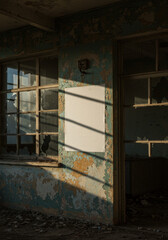 Obraz premium Sunlit Interior of a Decaying Building with Windows and Shadows.