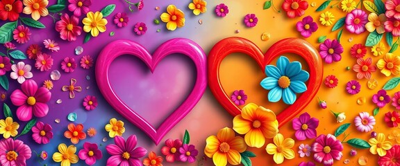 Vibrant interlocking hearts & flowers in rainbow hues, rainbow flowers, heart pattern