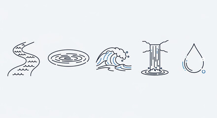 Collection of water icons showing river, pond, wave, waterfall and drop isolated on white background for graphic design and decoration