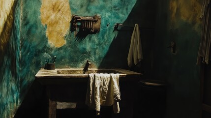 A dimly lit, rustic wash basin in a weathered, colorful room