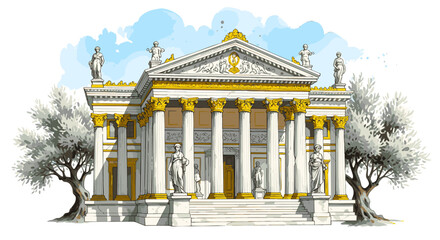 Elegant illustration of an Ancient Greek building, with columns and statues, surrounded by trees