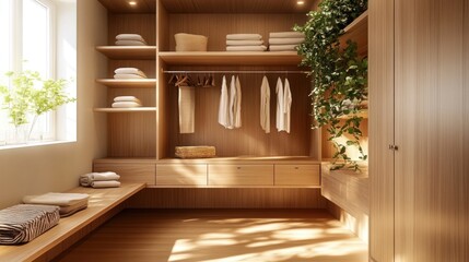 Sunlit walk-in closet with wooden shelving, clothing, and plants