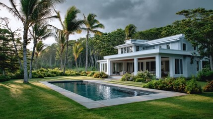 Obraz premium Modern residential house with clean lines and large glass windows surrounded by lush greenery,