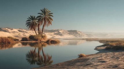 Serene desert landscape with calm water reflecting palm trees and sand dunes under warm early morning or late afternoon 