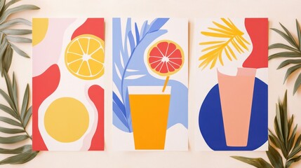 Colorful summer fruit juice posters.  Fresh vibrant art featuring citrus fruits, tropical leaves, and refreshing drinks
