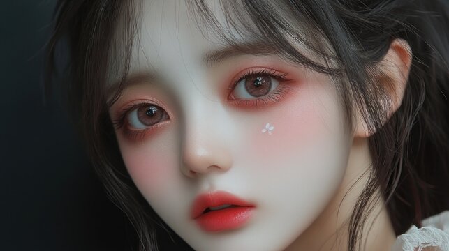 Close-up digital portrait of a young woman with delicate makeup. Soft, romantic style