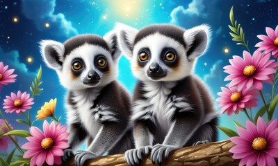 Fototapeta premium Adorable lemur pair surrounded by vibrant flowers under a starlit sky