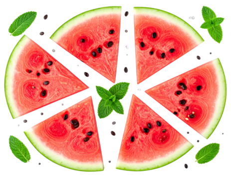 8K hyper-realistic PNG of juicy red watermelon slices with black seeds arranged on an 597112 - Powered by Adobe