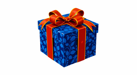 Festive Blue Gift Box with Red Ribbon and Botanical Pattern for Celebrations