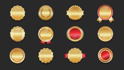 Luxury gold badge set with red and metallic accents. Collection of 12 elegant award seals featuring glossy gradients, laurel wreaths, stars, and ribbons.