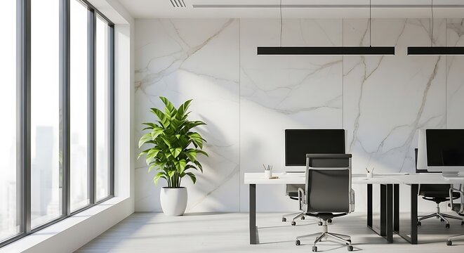 Bright and modern office space with large windows, marble wall, and green plant, creating a welcoming and productive work environment with natural light