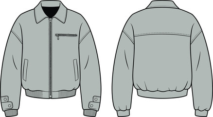 CAD drawing flat vector illustration of bomber jacket fashion design with technical sketch, front and back view, garment outline, template