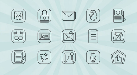 A collection of minimalist line art icons depicting various business and communication concepts on a light blue background with radial lines